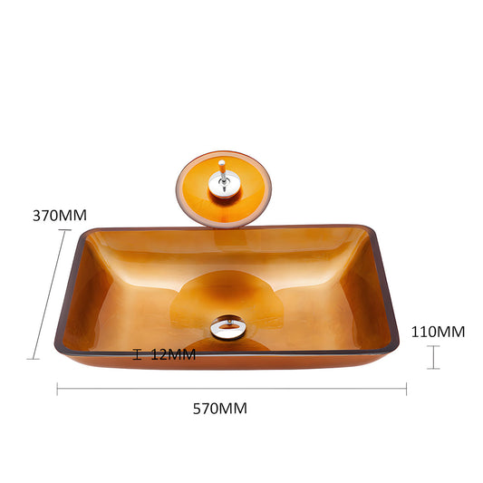 Dimension measurement chart of rectangular amber glass wash basin, clear size parameter drawing for vanity cabinet matching
