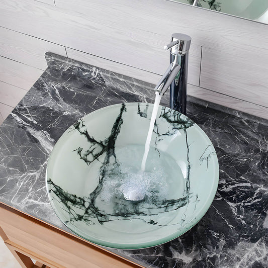 Marble texture round tempered glass vanity basin matched light wood cabinet and marble countertop
