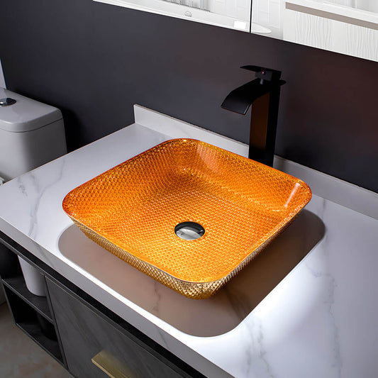 Square amber gold textured tempered glass vessel sink, diamond embossed surface above counter bathroom basin