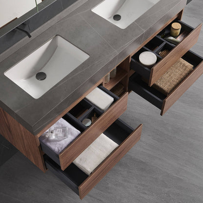 Overhead shot of wood double sink bathroom vanity with divided pull-out drawers, segmented storage compartments for neatly storing bathroom toiletries