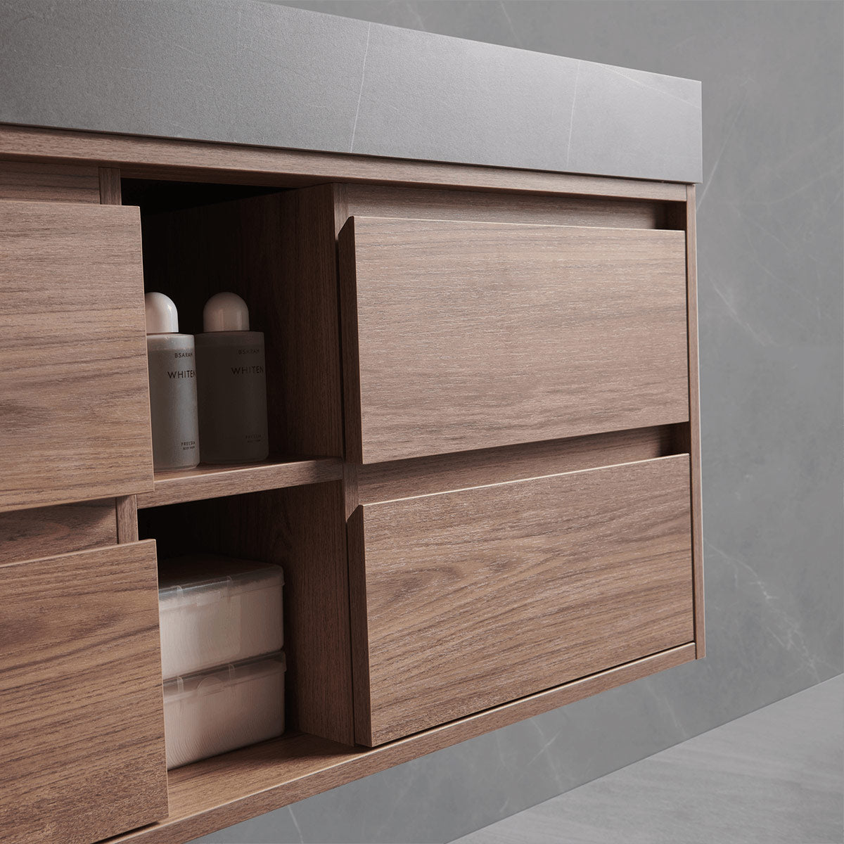 Close-up of floating bathroom vanity fixed shelf storage space, wood cabinet shelving for stacked daily bathroom supplies