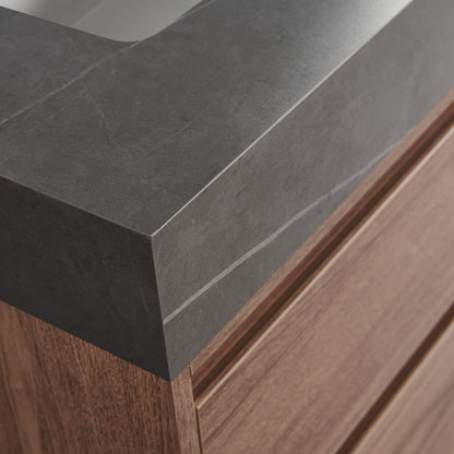Dark grey stone vanity countertop chamfered edge craftsmanship close shot