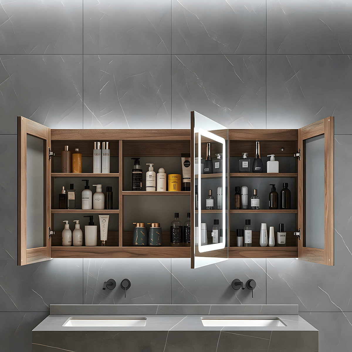 three door mirror cabinet matching the 1500mm double sink bathroom vanity