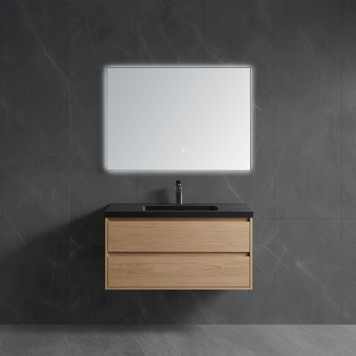 floating vanity fitted with black integrated single sink top, modern warm wood bathroom cabinet with LED mirror