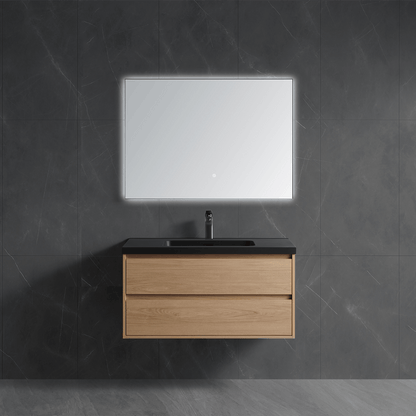 floating vanity fitted with black integrated single sink top, modern warm wood bathroom cabinet with LED mirror