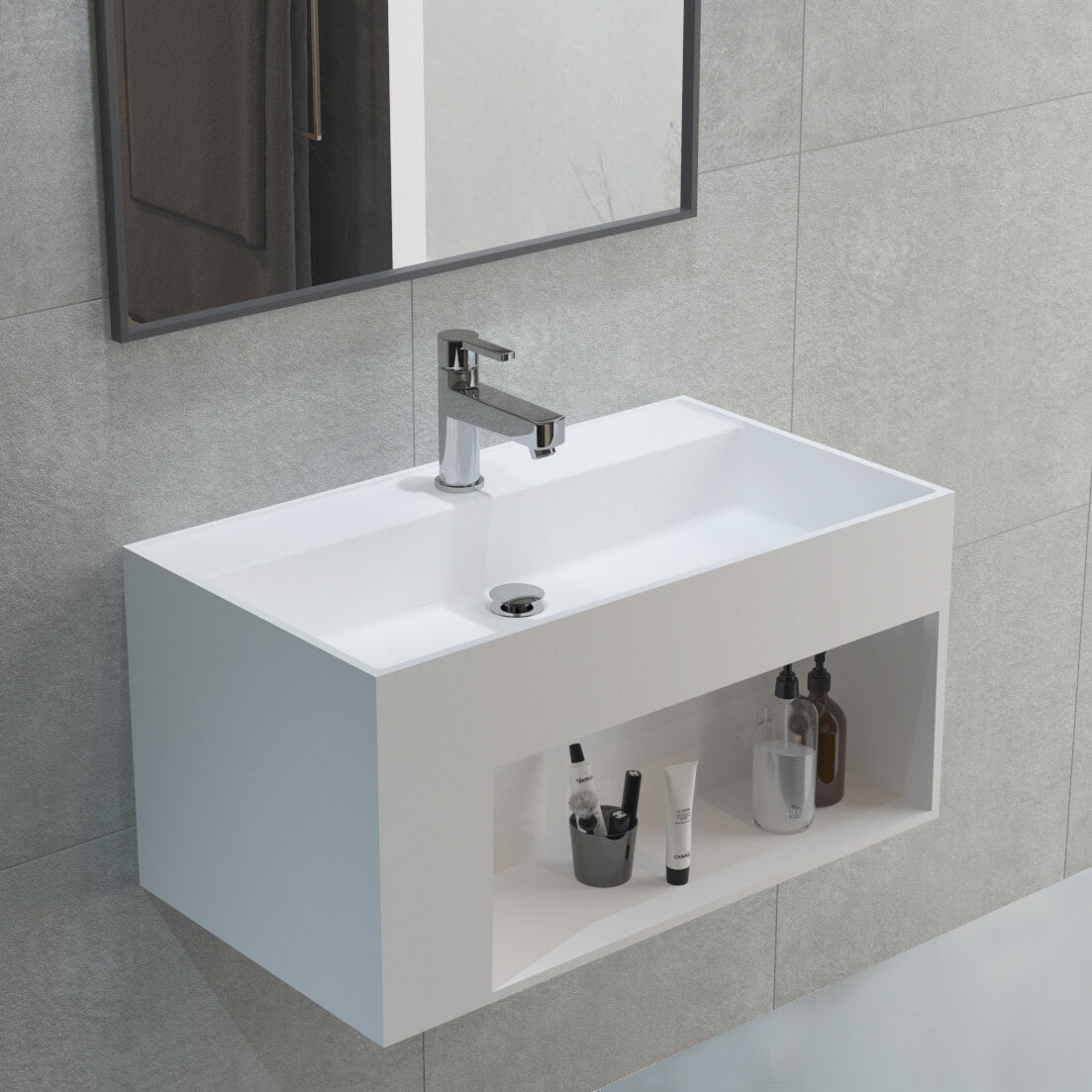 Floating bathroom vanity set with seamless artificial stone hand basin