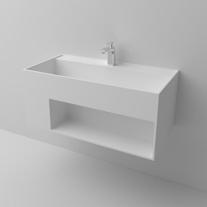 narrow solid surface basin with bathroom cabinet