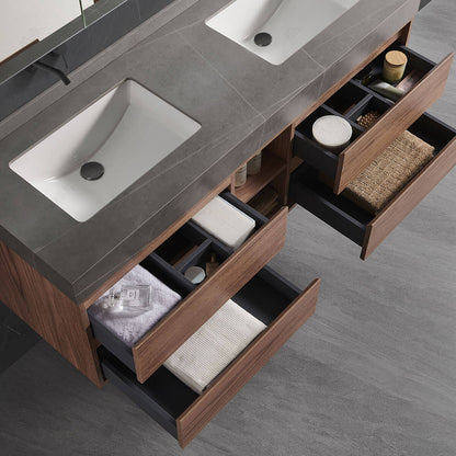 closer look of double sink bathroom storage cabinet with led mirror cabinet