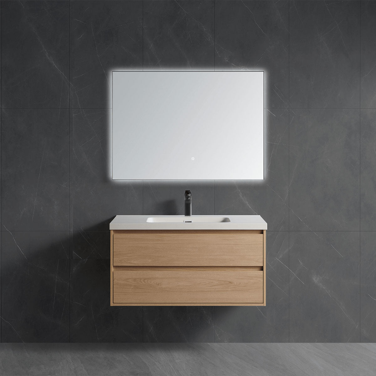 Front view compact wall hung single sink vanity with matte wood grain and LED mirror panel