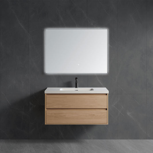 Front view compact wall hung single sink vanity with matte wood grain and LED mirror panel