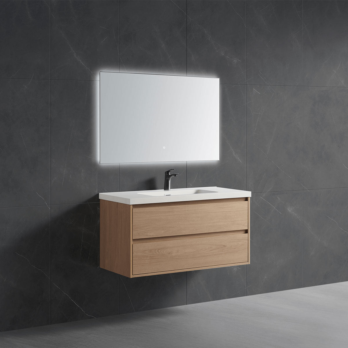 floating single basin vanity with LED mirror main scene shot