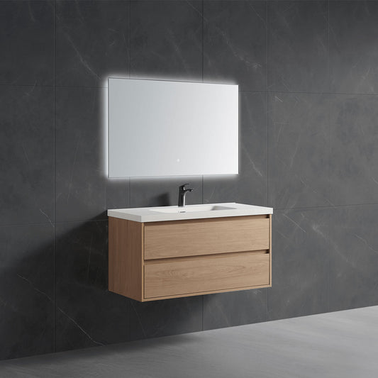 floating single basin vanity with LED mirror main scene shot