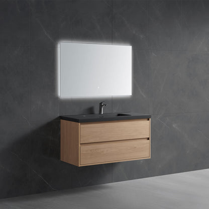 Slight angled shot walnut wall-mounted single sink vanity with dark stone basin and illuminated LED mirror