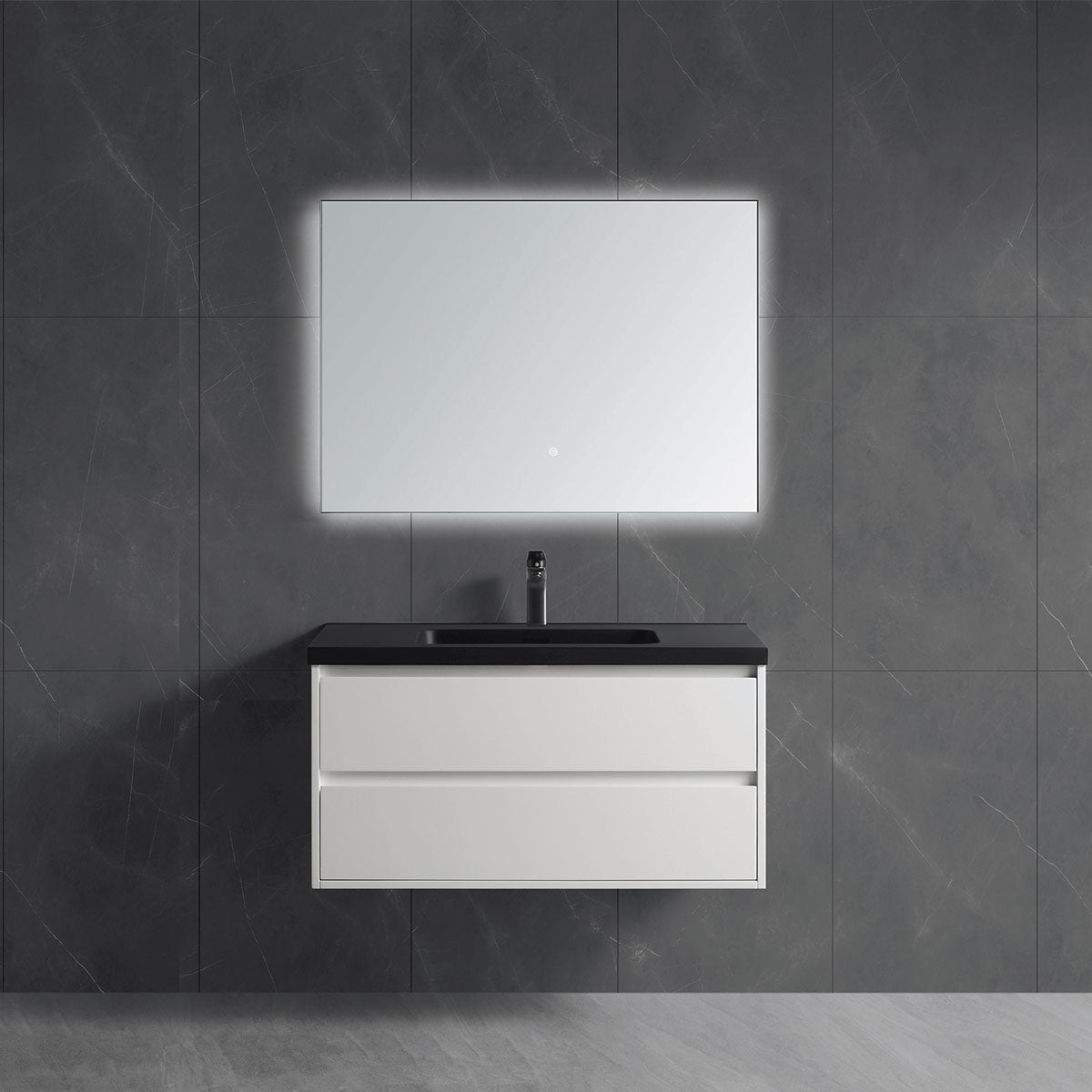 White vanity cabinet equipped with matte black integrated sink top and LED backlit mirror, two-tone bathroom fixture