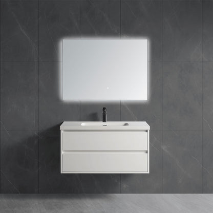 white wall floating single sink bathroom vanity cabinet paired with LED mirror for minimalist bathroom decor