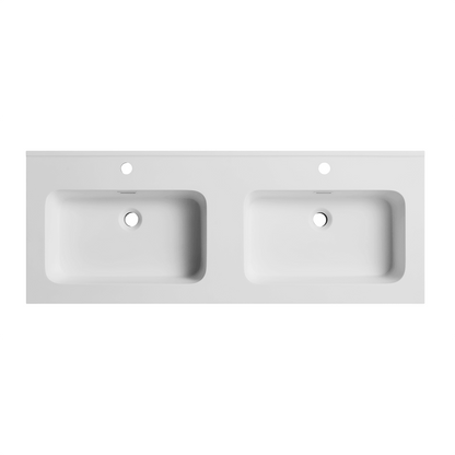 Flat view white integrated artificial stone double sink vanity top, seamless one-piece wash basin