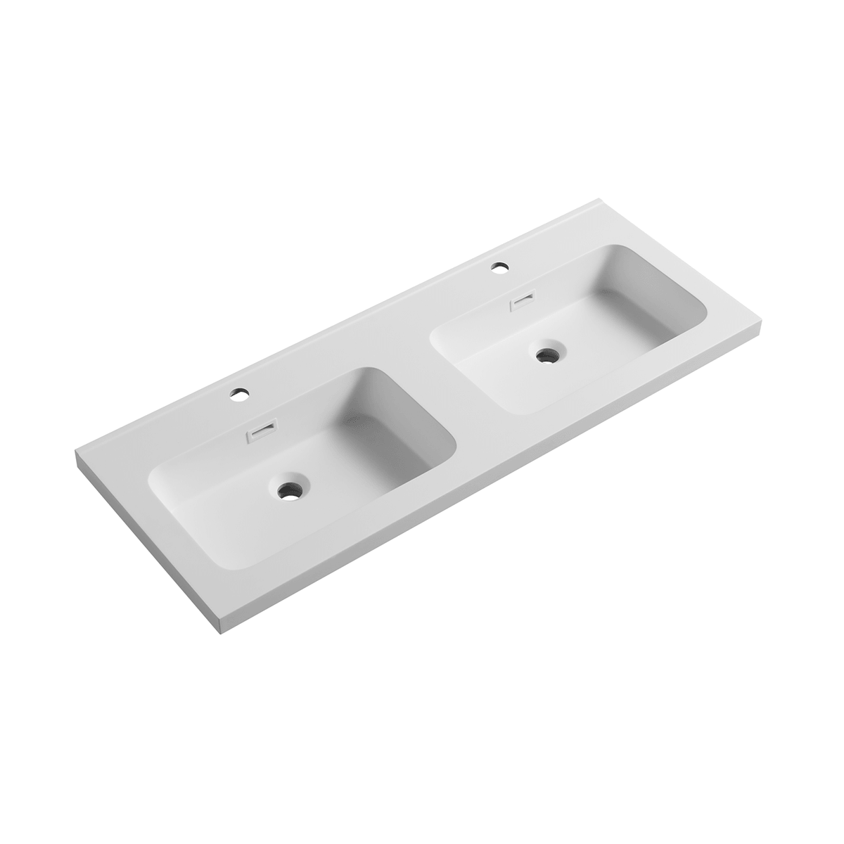 Angled shot of white solid surface double basin vanity countertop, integrated sink top for floating bathroom cabinet