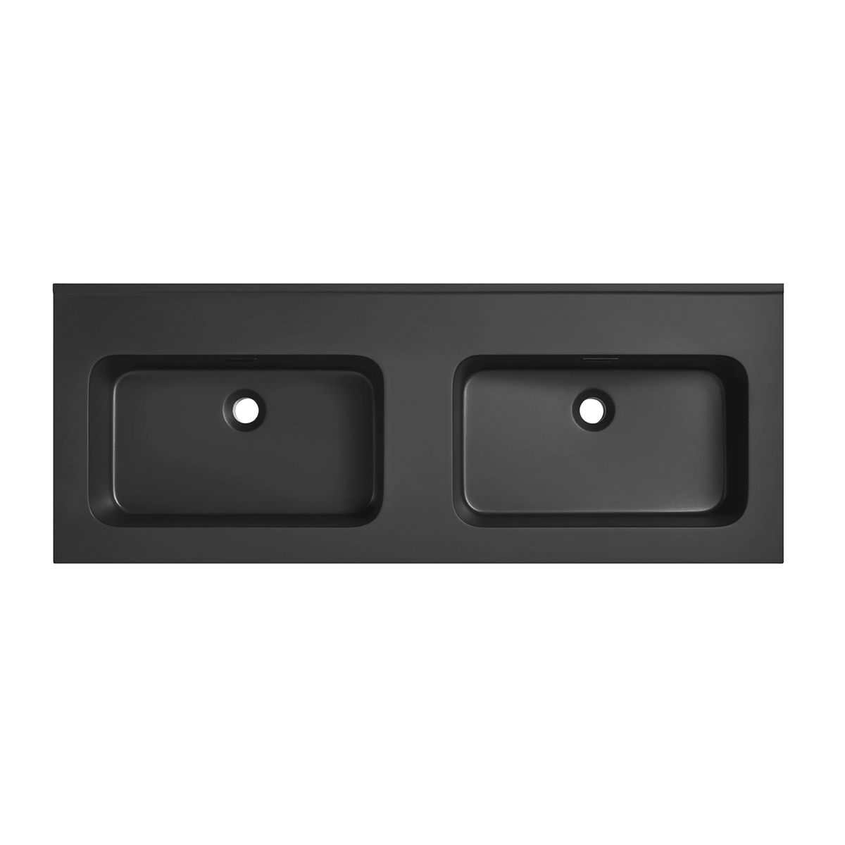 Flat view matte black integrated artificial stone double sink vanity countertop, seamless solid surface basin