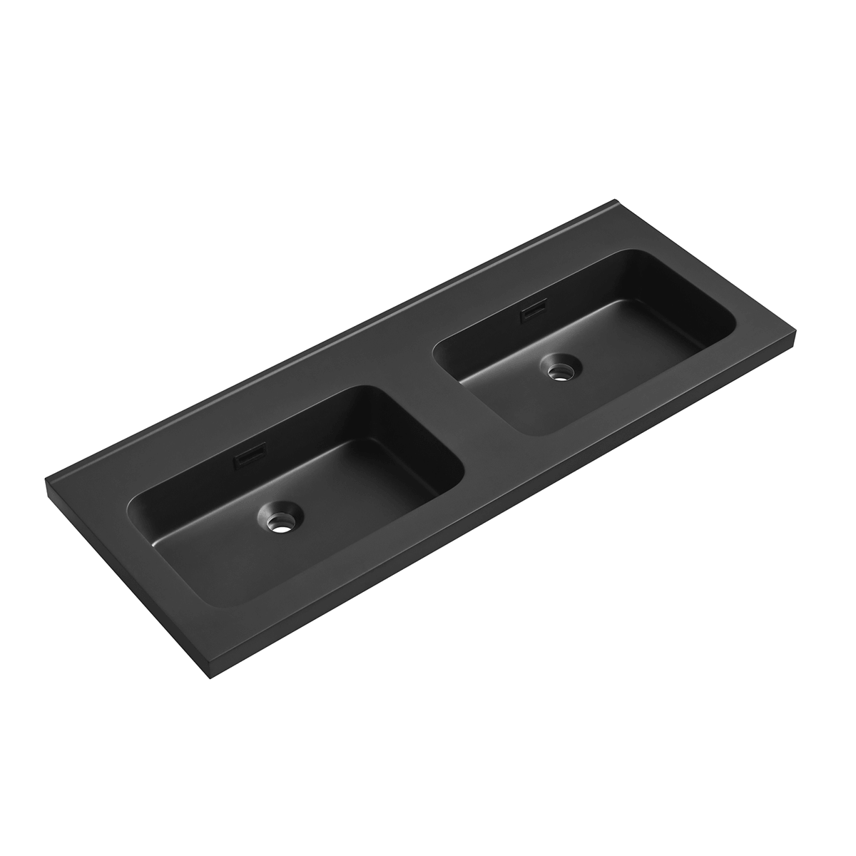 Perspective shot matte black seamless double basin vanity top, integrated stone sink for modern floating bathroom vanity
