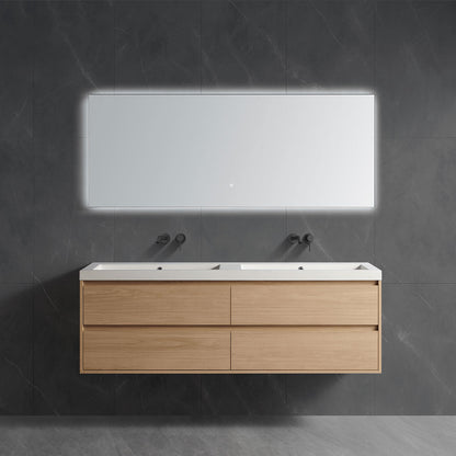 Front view walnut wall hung double sink vanity cabinet with smooth natural wood grain and integrated white artificial stone basin