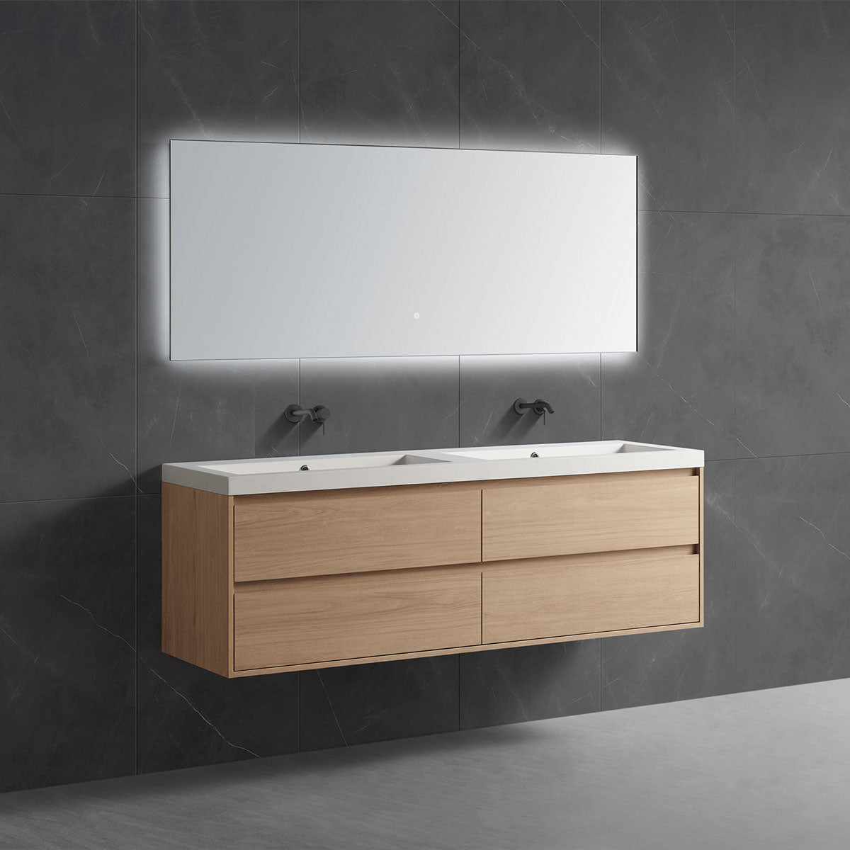 Walnut wood floating double basin vanity with long LED mirror main scene shot