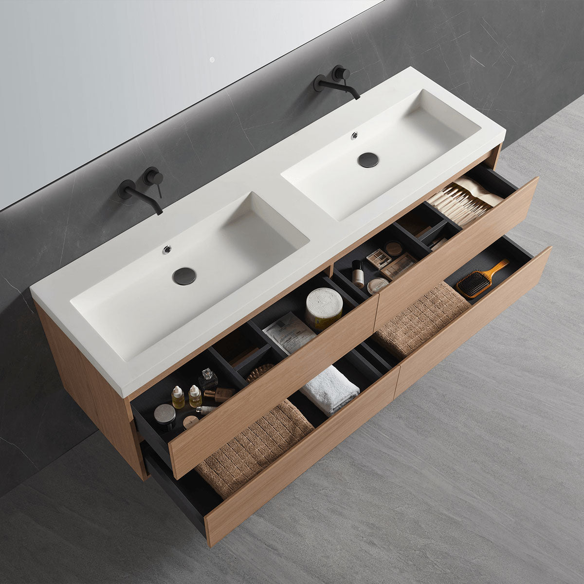 Open drawer storage detail of floating double sink vanity, divided inner compartments for tidy bathroom toiletries storage