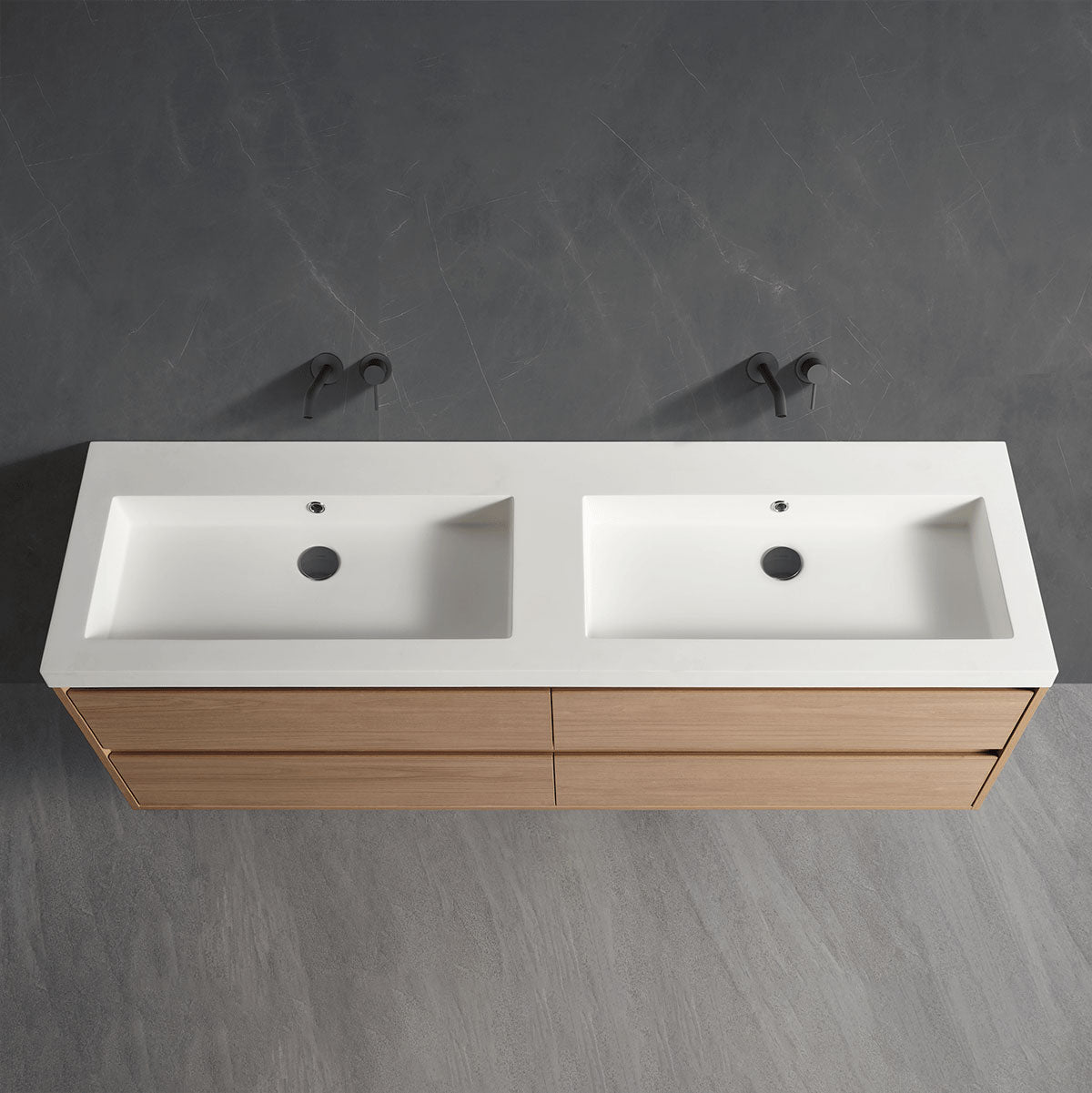 Closed double sink vanity cabinet straight front photo