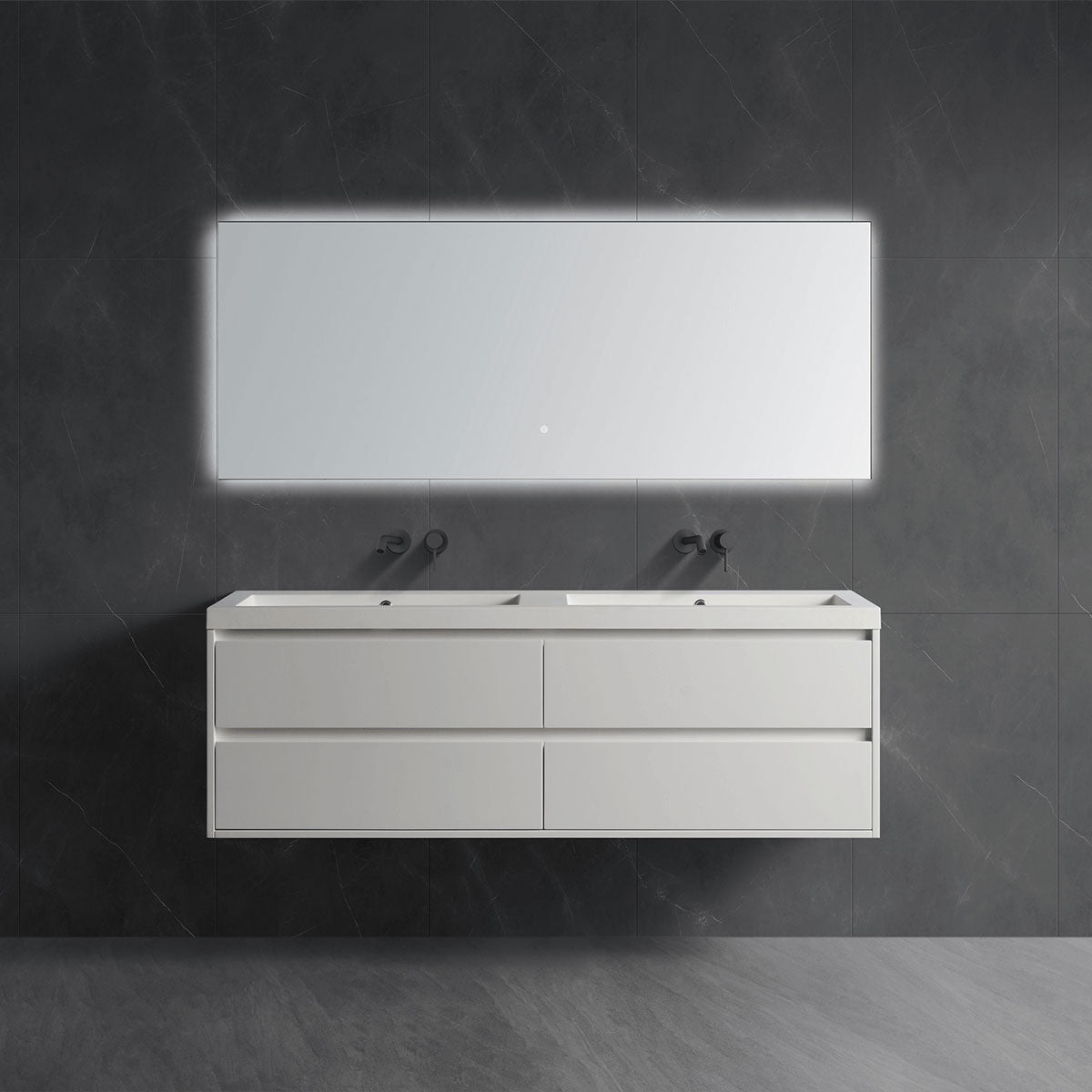 white wall-mounted floating double sink bathroom vanity, seamless solid stone countertop with matching LED backlit mirror