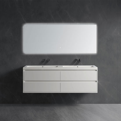 white wall-mounted floating double sink bathroom vanity, seamless solid stone countertop with matching LED backlit mirror