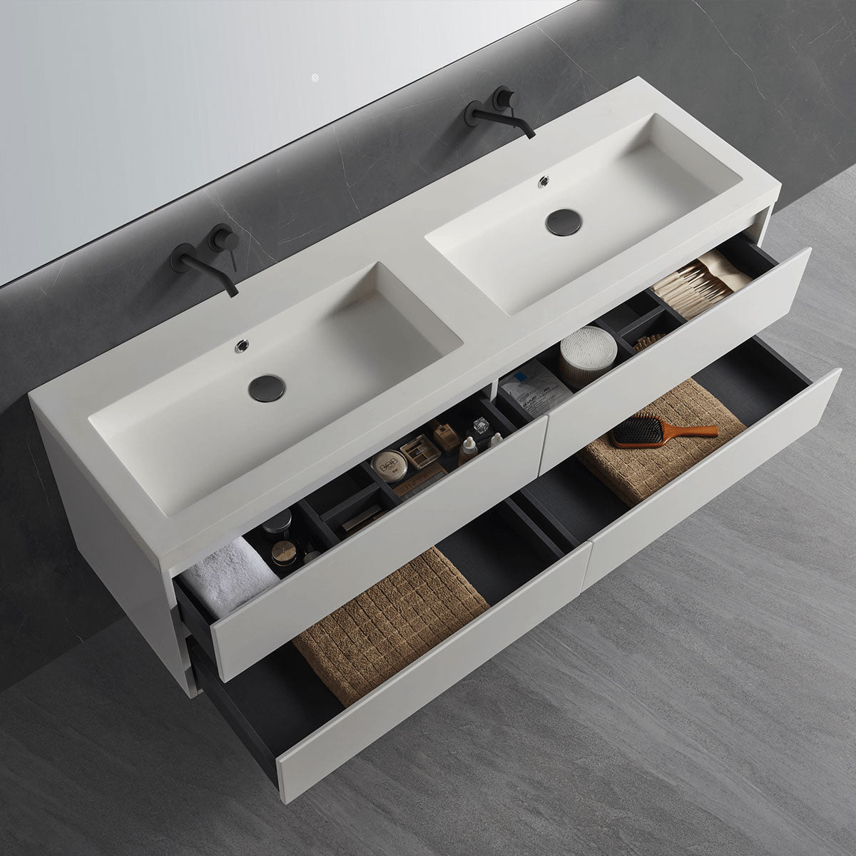 Pull-out drawer storage view of white floating double sink bathroom vanity, spacious built-in compartments for bathroom toiletries