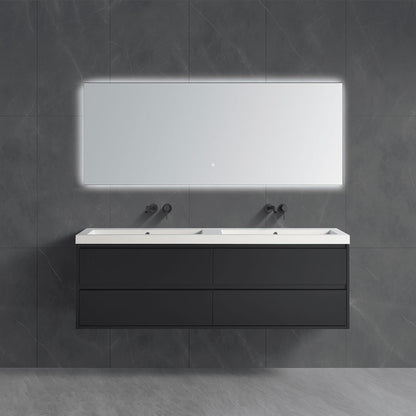 Matte black floating wall-hung double sink bathroom vanity cabinet, modern minimalist style with integrated stone basins and LED mirror