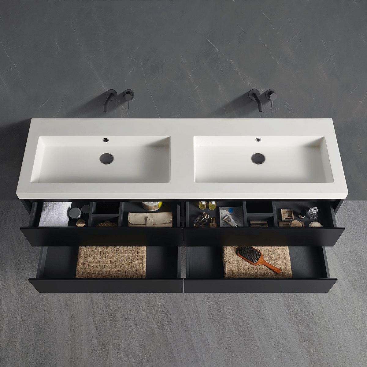 double sink vanity open drawers interior storage detail
