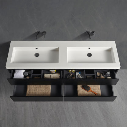 double sink vanity open drawers interior storage detail