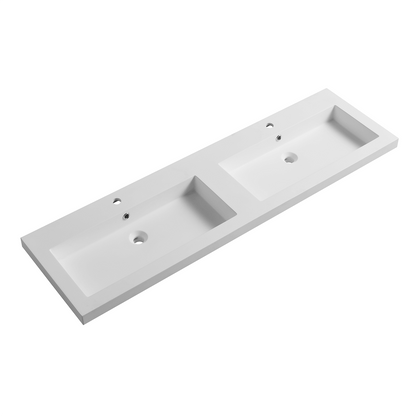 Solid white integrated artificial stone double sink vanity countertop, seamless one-piece wash basin top