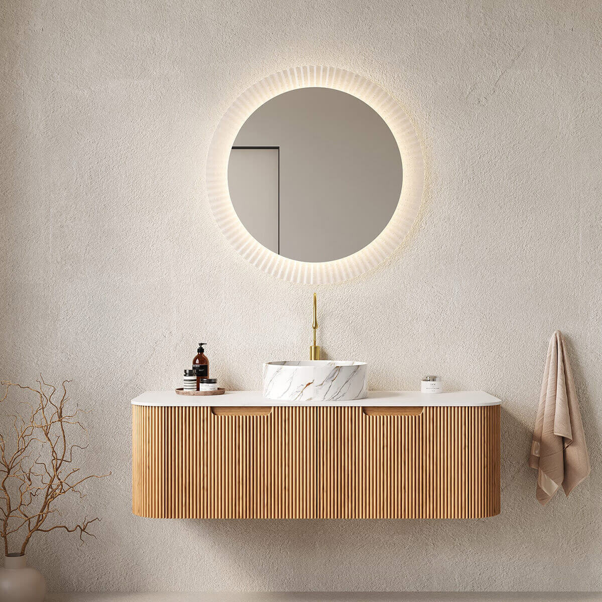 Ribbed wooden floating vanity with round LED mirror and marble counter sink full bathroom scene