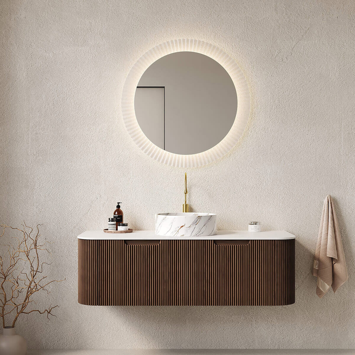 Grooved wooden bathroom vanity set