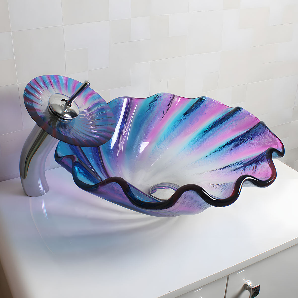 Side full view of iridescent swirl wavy edge glass wash basin, artistic multicolor handmade tempered vessel sink for boutique decorative bathroom vanity