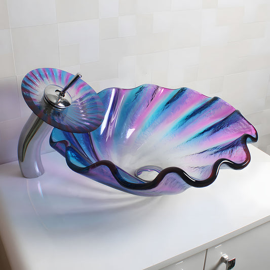Side full view of iridescent swirl wavy edge glass wash basin, artistic multicolor handmade tempered vessel sink for boutique decorative bathroom vanity