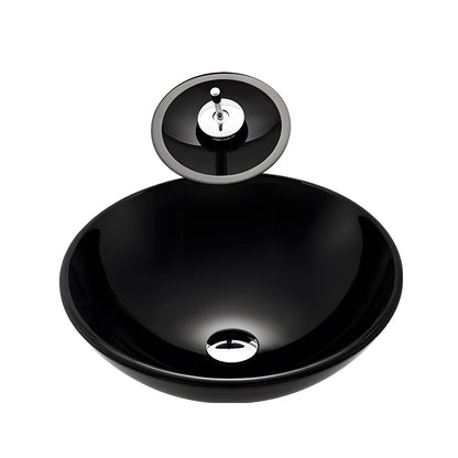 Top view studio shot of round glossy black smooth tempered glass vessel sink with matching black glass drain cover isolated on white background