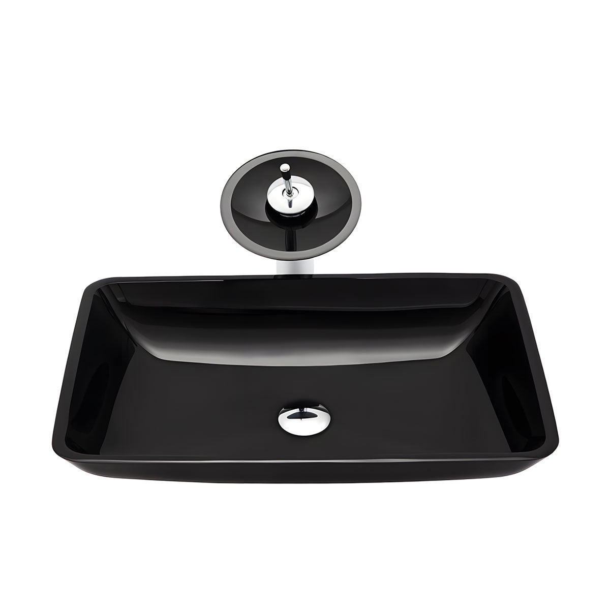 Top-down studio shot of rectangular glossy black tempered glass vessel sink with matching black glass pop-up drain on pure white background