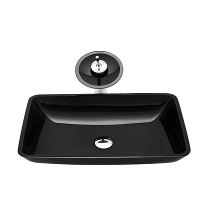 Top-down studio shot of rectangular glossy black tempered glass vessel sink with matching black glass pop-up drain on pure white background