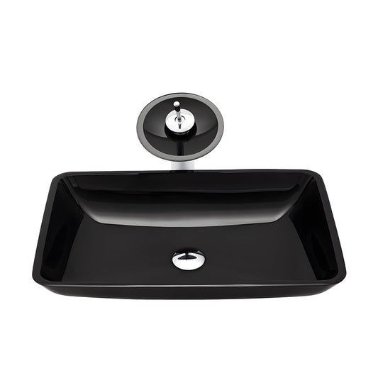 Top-down studio shot of rectangular glossy black tempered glass vessel sink with matching black glass pop-up drain on pure white background