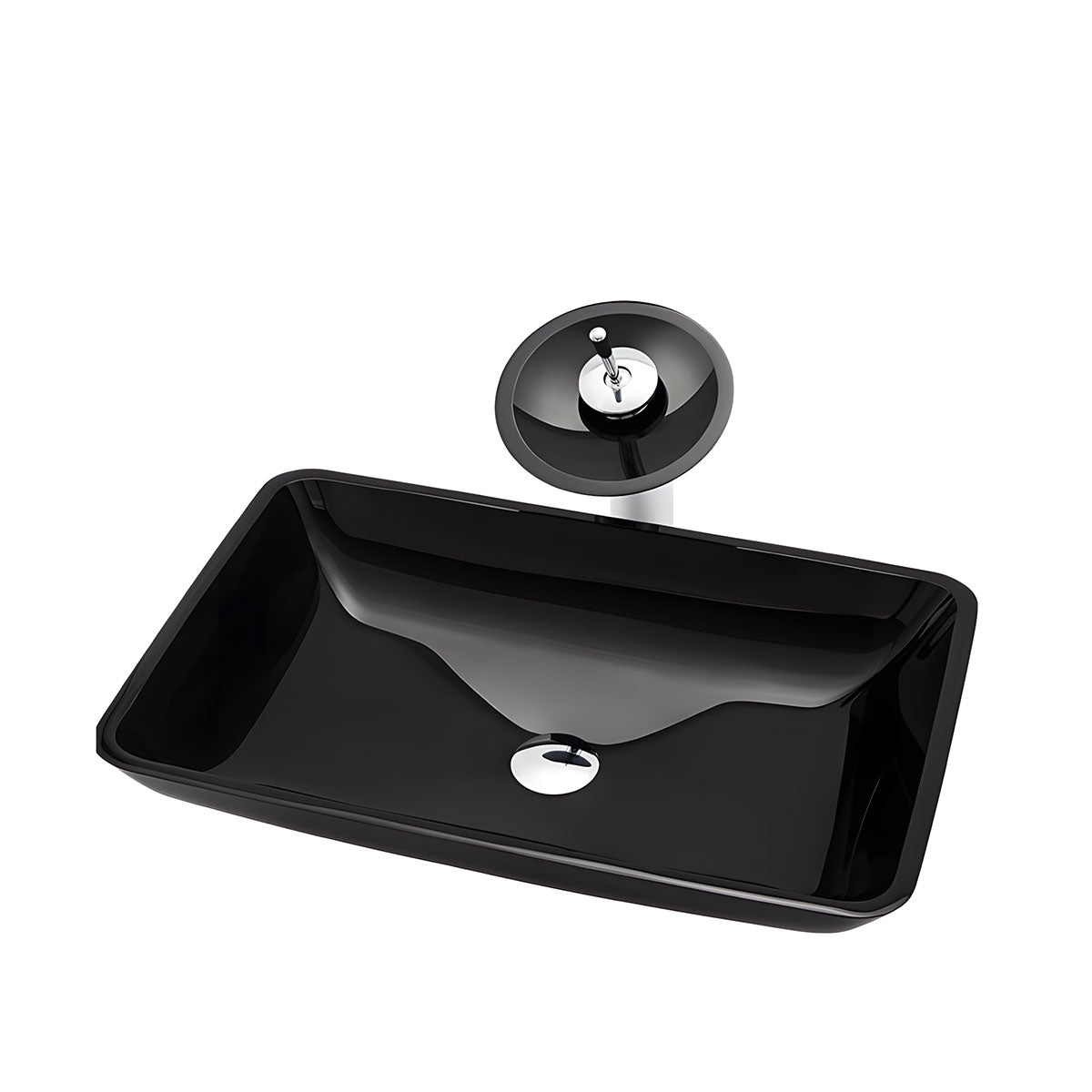 high-gloss black smooth surface on tempered glass vessel sink, scratch-resistant glossy texture detail