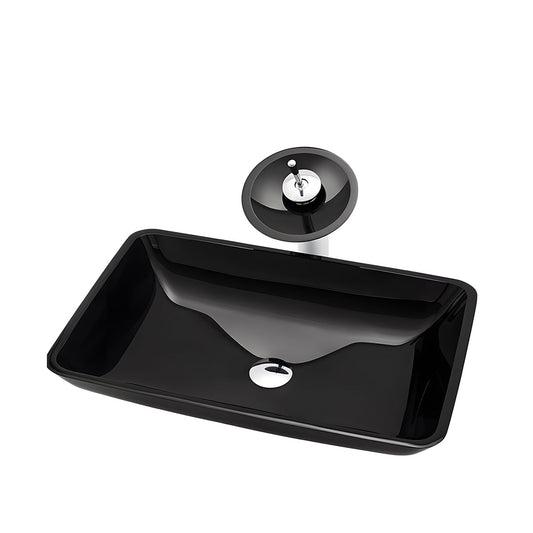 high-gloss black smooth surface on tempered glass vessel sink, scratch-resistant glossy texture detail