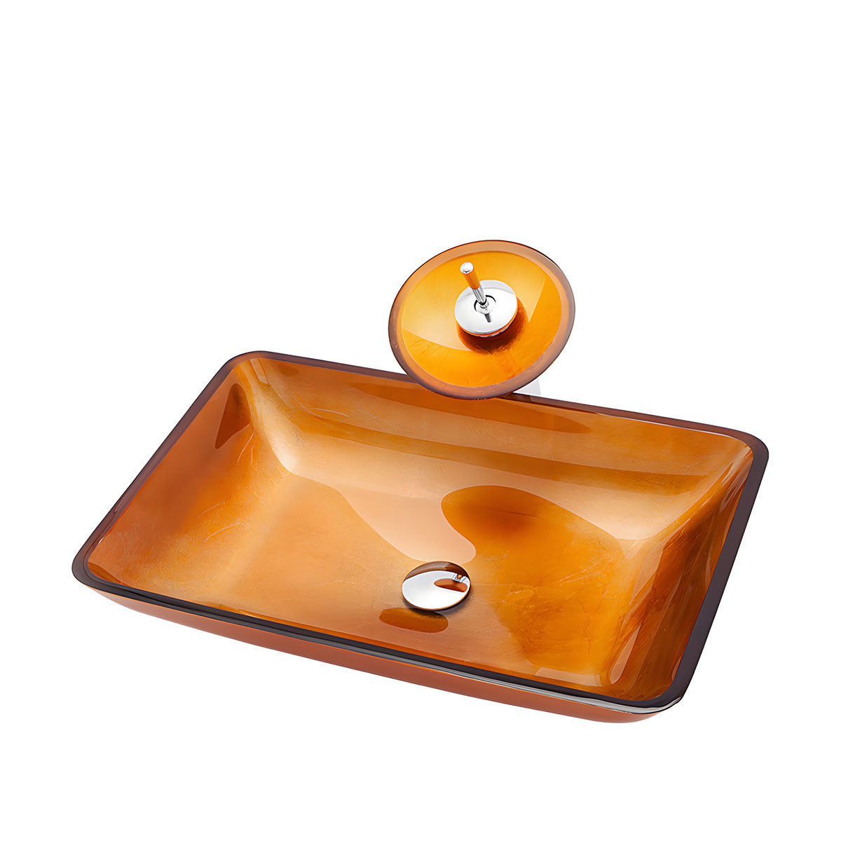 Rectangular amber gold glossy tempered glass vessel sink with matching amber glass pop-up drain, top-down studio shot on white background