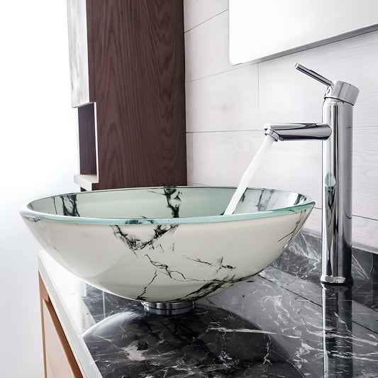Round white glass vessel sink with natural black marble vein pattern, tempered wash basin on black marble countertop with chrome faucet