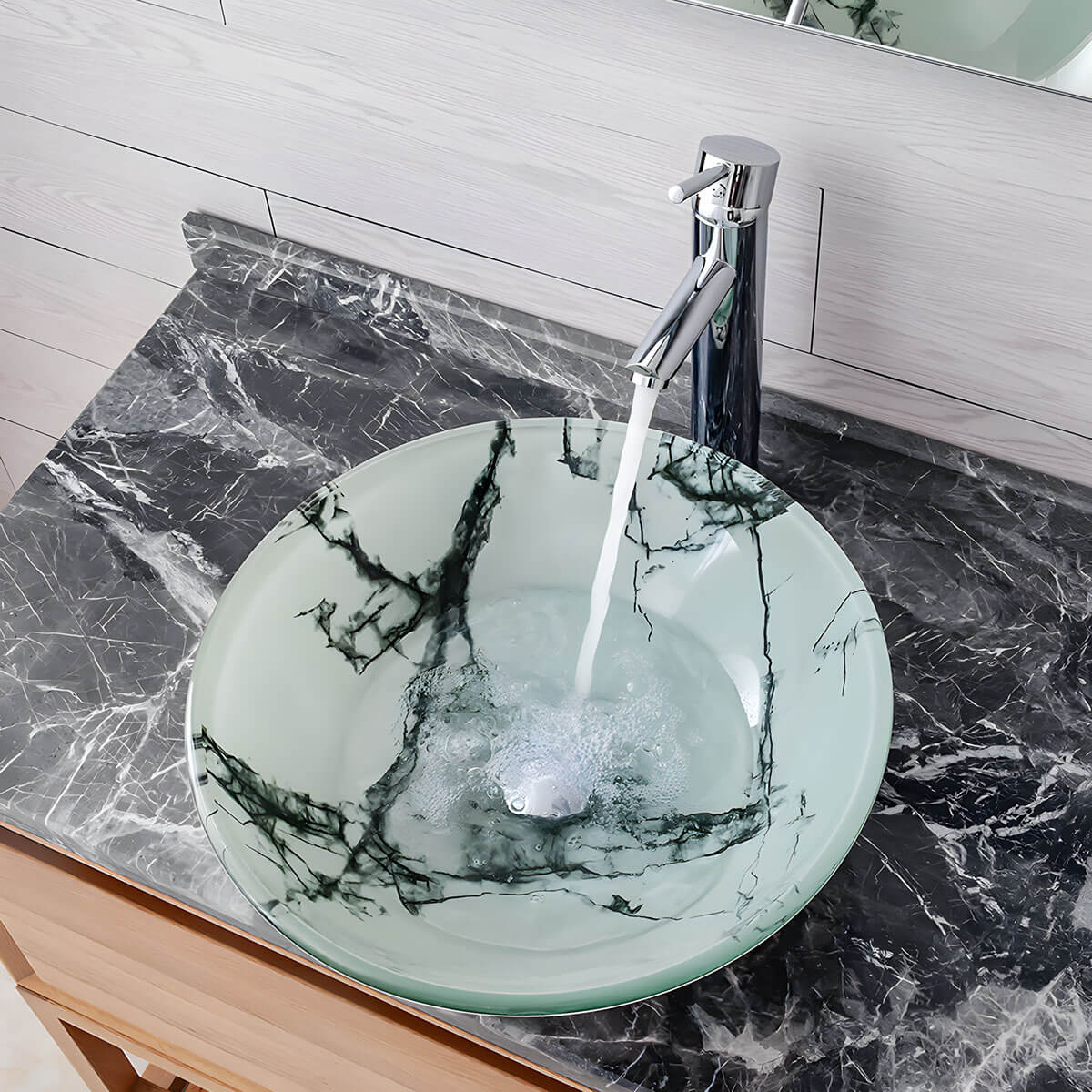 Marble texture round tempered glass vanity basin matched light wood cabinet and marble countertop