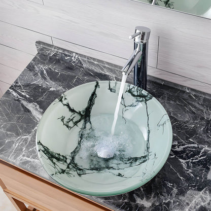 Marble texture round tempered glass vanity basin matched light wood cabinet and marble countertop