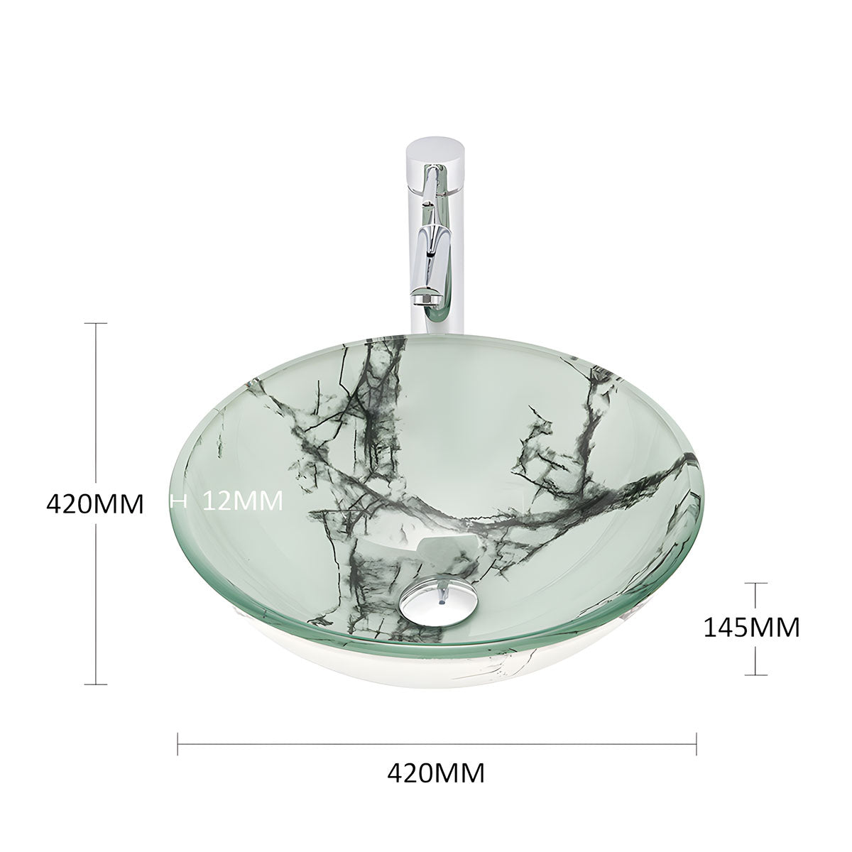 artistic black marble crack vein printing surface of round tempered glass vessel sink