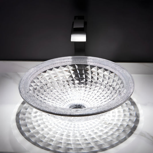 Round diamond embossed clear tempered glass vessel sink, crystal textured wash basin on white marble countertop with modern black faucet